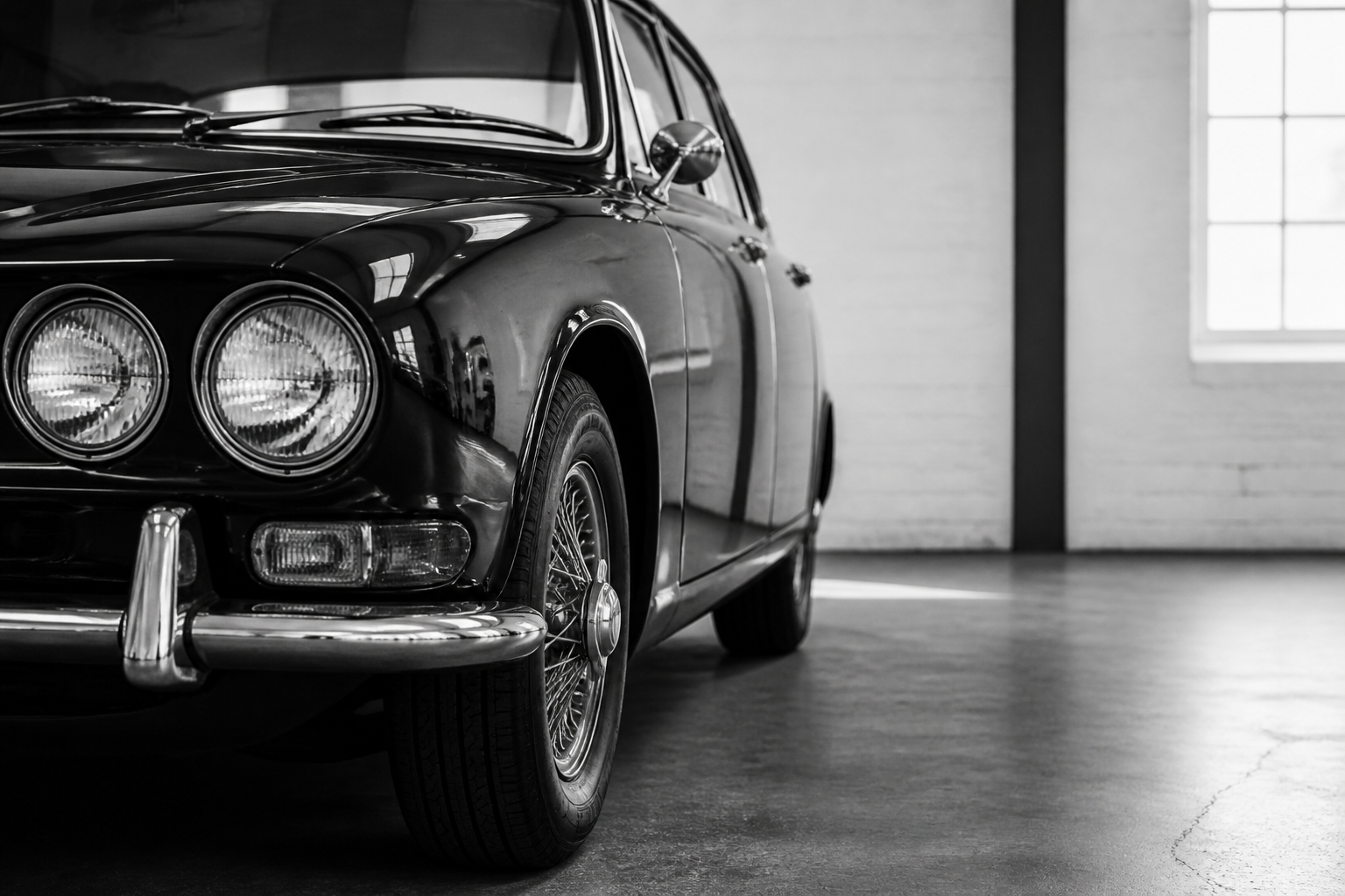 Monochrome close view of a serviced vehicle.