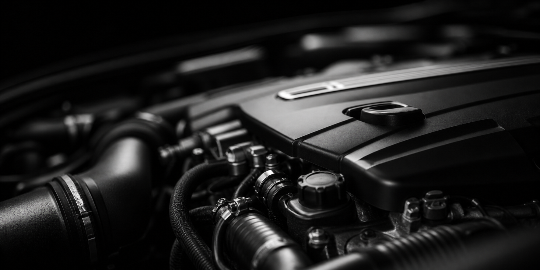 Monochrome close-up of an unbranded engine bay detail.